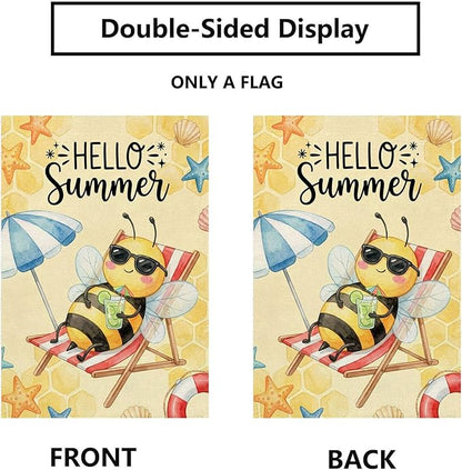 Hello Summer Bee Beach Garden Flag 12x18 Inch Double Sided Seasonal Holiday Burlap Yard Pool Outdoor Decorations