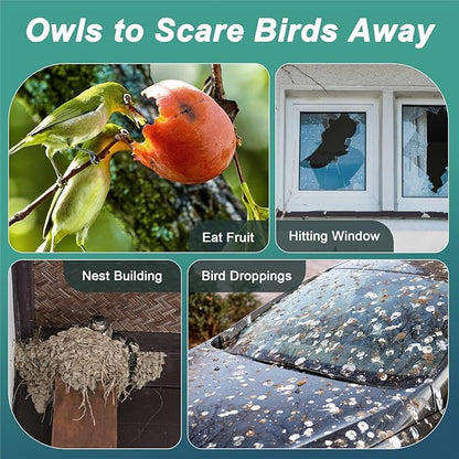 Owls to Keep Birds Away: 4 Pack Fake Owls with Reflective Tape for Garden Patio Tree, Bird Scare Reflective Hanging Decoration to Keep Birds Pigeon from Windows Tree Garden