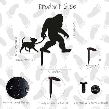 Bigfoot Garden Stake – Metal Sasquatch Statue Walking Chihuahua Dog on Leash – Funny Bigfoot Yard Decor, Outdoor Metal Yard Art, Sasquatch Sign for Garden & Lawn