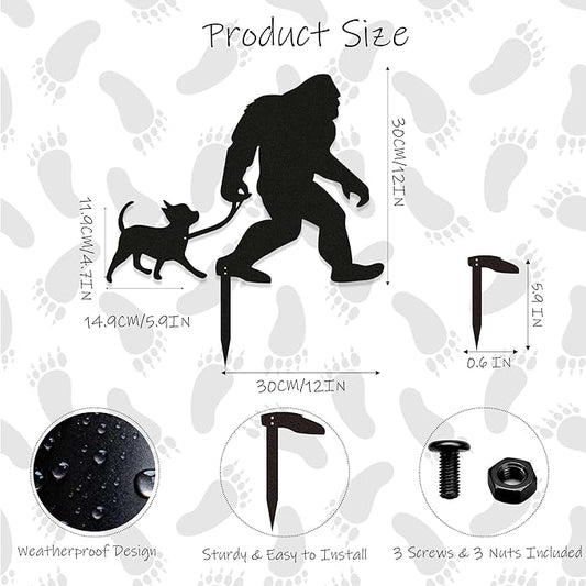 Bigfoot Garden Stake – Metal Sasquatch Statue Walking Chihuahua Dog on Leash – Funny Bigfoot Yard Decor, Outdoor Metal Yard Art, Sasquatch Sign for Garden & Lawn