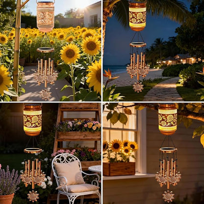 2 Pack Sunflower Solar Wind Chimes for Outside, Gifts for Mothers Day Mom Women Grandma Birthday Memorial Teacher, 32" Windchimes Outdoor Decor Hanging Solar Lantern for Garden Porch Patio Backyard