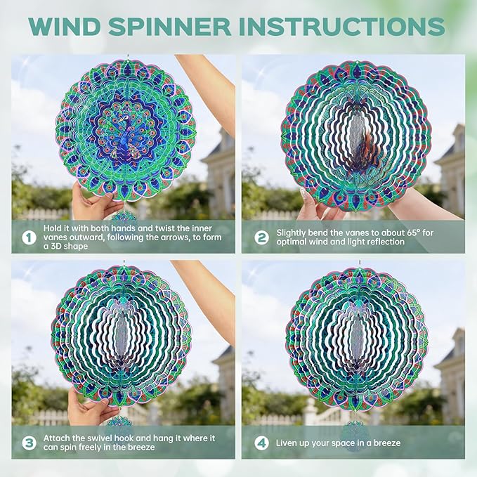 Wind Spinners Outdoor, IDEA SHOW 12In Stainless Steel Wind Spinners Outside, 3D Kinetic Hanging Sculpture, Rustproof Metal Garden Decor Ornaments for Yard Art, Women, Men, Holidays