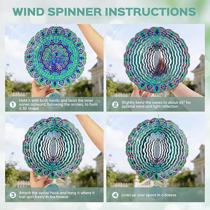 Wind Spinners Outdoor, IDEA SHOW 12In Stainless Steel Wind Spinners Outside, 3D Kinetic Hanging Sculpture, Rustproof Metal Garden Decor Ornaments for Yard Art, Women, Men, Holidays