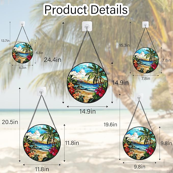 DASTOLL Stained Glass Window Hanging, Blue Beach Scenery Suncatcher Diamond Glass Panel Hangings Sun Catchers Decor for Birthday for Women, Men, Wife, Aunt, and Mom 14.9x14.9 in
