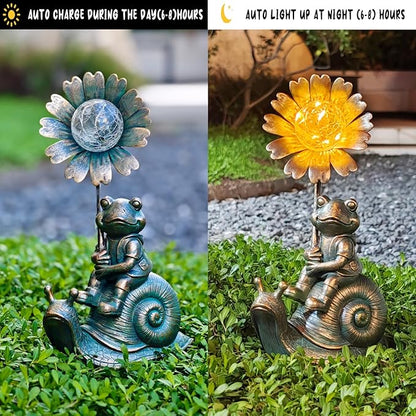 Solar Powered Frog on Snail Sculpture with Iron Flower & Glass Ball, Outdoor Garden Accent
