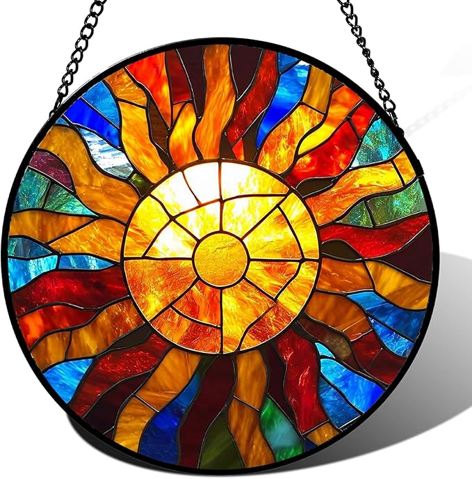 Stained Glass Window Hanging, Sunrise Suncatcher for Window Doors Garden Home Decoration, Abstract Colorful Glass Panel Ornaments for Women,Men,Wife, Lovers, and Mom 7.8×7.8 in