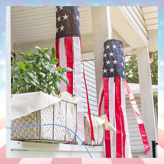2Pack American Flags Windsock 60Inch Patriotic Decor 4th of July Windsocks with Embroidered Stars Wind Socks Hanging USA Flag Windsock Decoration for Outside Décor Memorial Day,Presidents Day