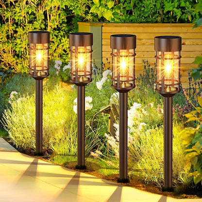 ILANCK Solar Pathway Lights Outdoor Solar Lights 8 Pack Metal & Glass Design - Waterproof Auto On/Off Bright Long-Lasting Garden Landscape Lighting Walkway Driveway