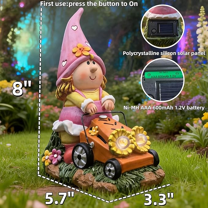 Solar Gnomes Decorations for Fairy Garden Accessories, Fairies Gnome Riding Lawn Mower Figurines for Proch Yard Lawn Outdoor Decor, Mother's Day Unique Gifts for Women