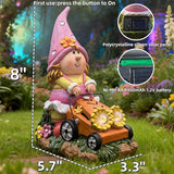 Solar Gnomes Decorations for Fairy Garden Accessories, Fairies Gnome Riding Lawn Mower Figurines for Proch Yard Lawn Outdoor Decor, Mother's Day Unique Gifts for Women