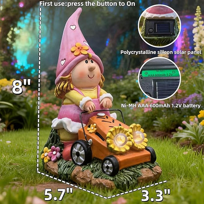 Solar Gnomes Decorations for Fairy Garden Accessories, Fairies Gnome Riding Lawn Mower Figurines for Proch Yard Lawn Outdoor Decor, Mother's Day Unique Gifts for Women