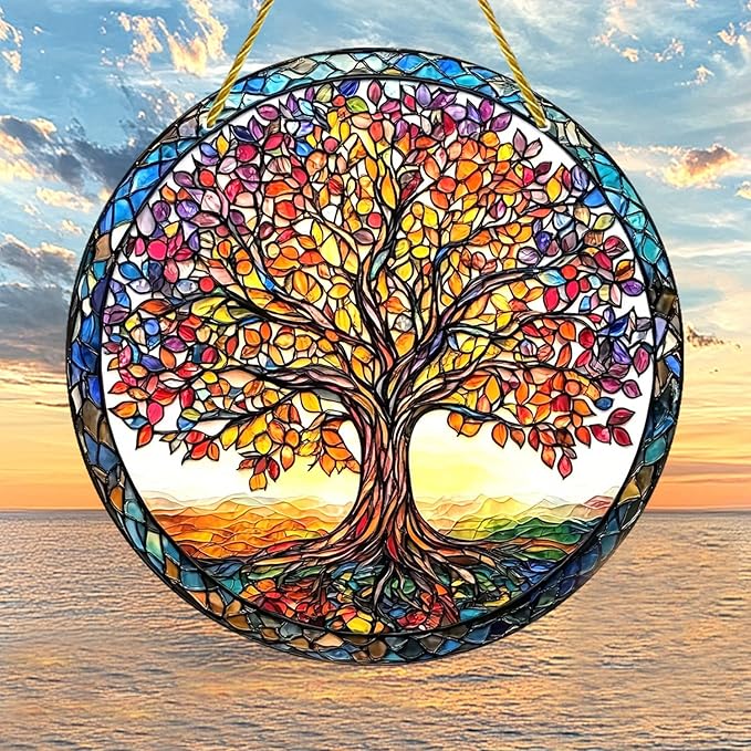Tree of Life Suncatcher 7.87 Inch Sun Catcher Window Hanging Acrylic Stained Glass Suncatchers for Windows Decorations Indoor Outdoor for Home Garden Wedding，Housewarming Gift for Mom