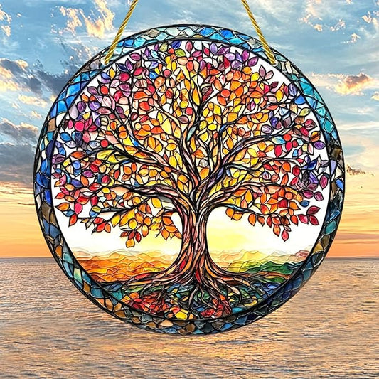 Tree of Life Suncatcher 7.87 Inch Sun Catcher Window Hanging Acrylic Stained Glass Suncatchers for Windows Decorations Indoor Outdoor for Home Garden Wedding，Housewarming Gift for Mom