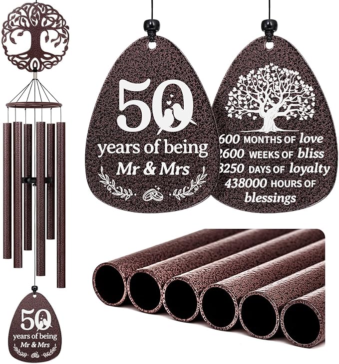 SteadStyle 50th Anniversary Wind Chime, Happy 50th for Parents, Husband, Wife, Couples, Friends - Golden Anniversary Keepsake Tree of Life Wind Chime Large Size 37 in Garden Decor