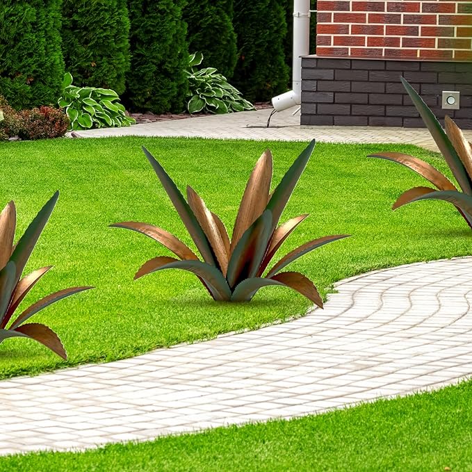 Metal Agave Plant Art Yard Large Tequila Rustic Sculpture Statue - Outdoor Decoration Agave Metal Plant Courtyard Garden Lawn Ornament Stakes Gift - 12 Leaves