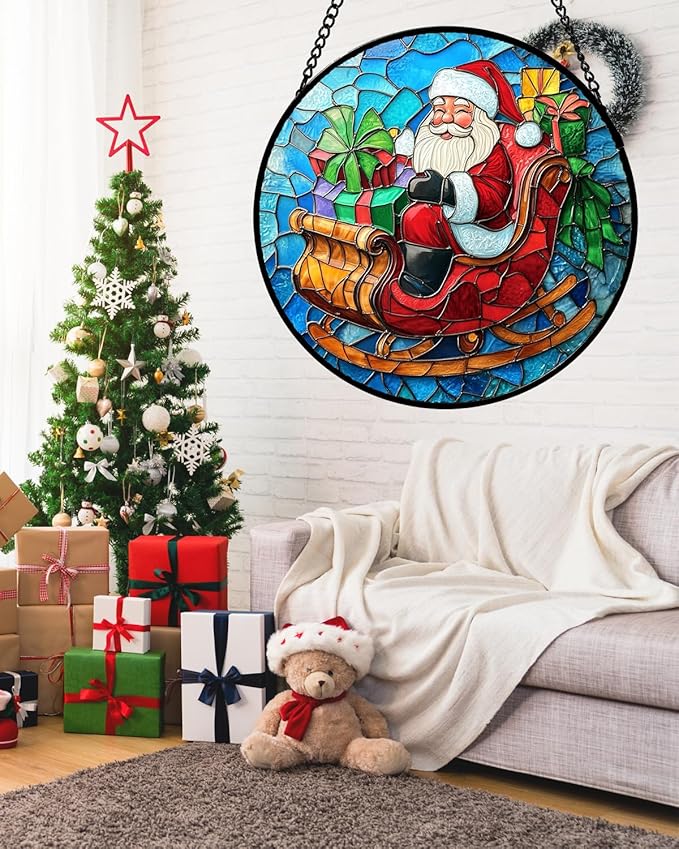 DASTOLL Stained Glass Window Hanging - Red Santa Claus Gift Box Suncatcher for Doors Home Christmas Decoration Winter Sun Catcher Thanksgiving New Year Birthday Gift for Women Men Mom Nana 15 in