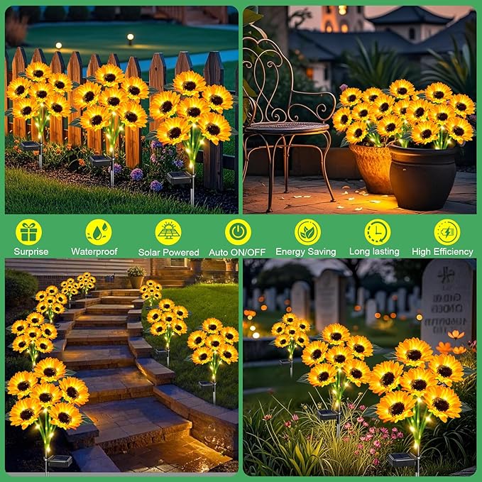 Solar Sunflower Lights Outdoor Waterproof 4 Pack Solar Flowers Lights for Garden Decor Patio Yard,Birthday Gifts for Mom Grandma