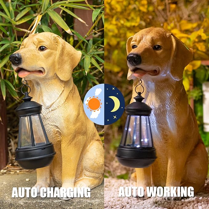 Garden Dog Statues Outdoor Decor, Golden Retriever Yard Outdoor Statue with Solar Lantern Lights Decorations Solar Dog Ornaments for Patio, Lawn, Yard Art Decoration, Housewarming Garden Gift