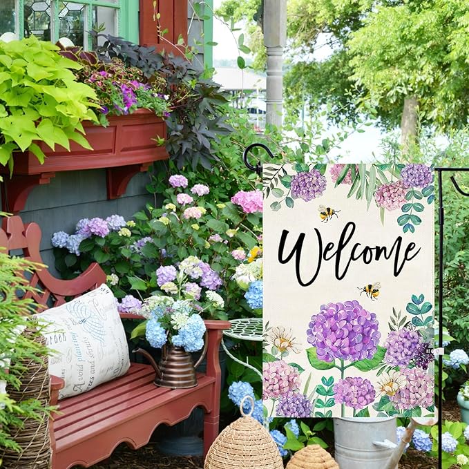 Baccessor Spring Hydrangea Garden Flag Double Sided 12x18 Inch, Summer Purple Flower Floral Welcome Small Yard Flag Burlap Seasonal Farmhouse Yard Outdoor Decoration