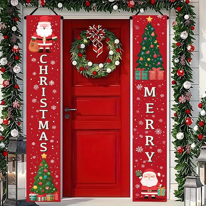 BlissYard Christmas Porch Banner 12x71 Cartoon Santa Tree Decorations Christma Door Banner Hanging Sign Merry Christmas Banner Front Xmas Door Cover Entryway Outdoor Decor Winter Welcome Home Yard Patio