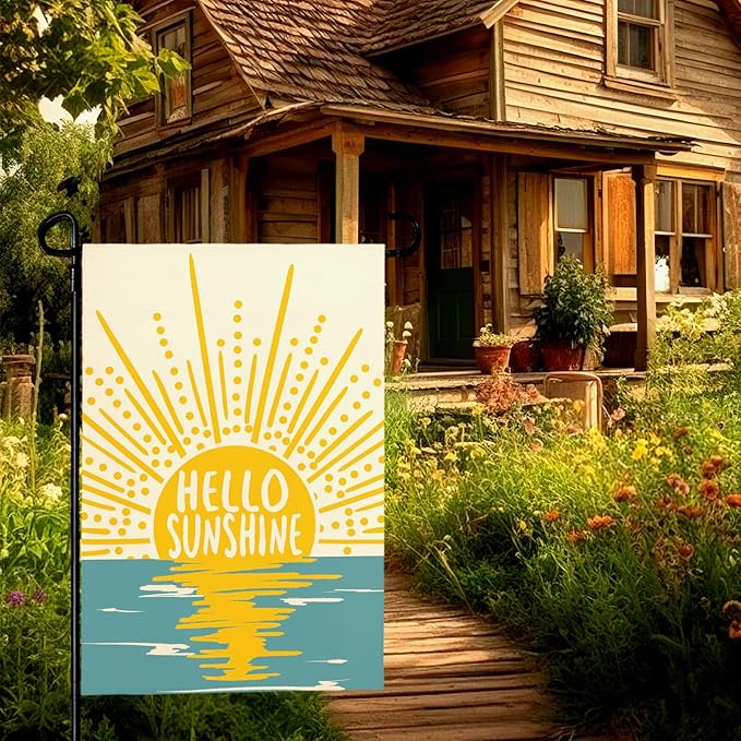 Hello Sunshine Summer Garden Flag Boho Sunset Over Sea Yard Flags Vertical Yard Decorations Outdoor Flag Farmhouse Porch Lawn Patio for Outside 12x18 Double Sided