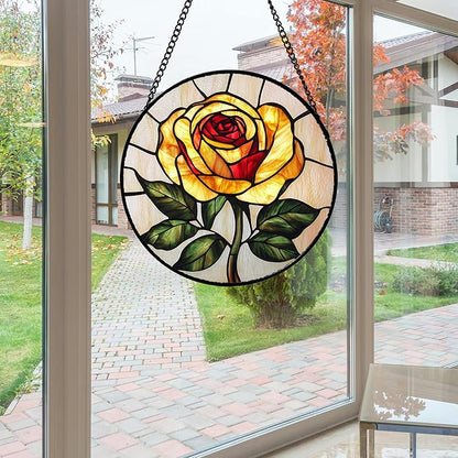Stained Glass Window Hanging - Elegant Yellow Rose Flower Sun Catcher for Door Garden Home Decor Suncatcher Christmas Mother's Day Birthday Gifts for Women Mom Girl Nana Friend 7.8 in