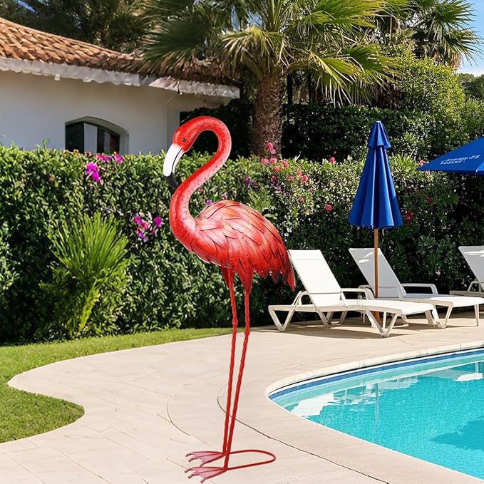 Shorayn Pink Flamingo Garden Statue Outdoor Decor Metal Yard Art Lawn Ornaments for Backyard Pond Patio Porch Outside Decorations,Large Size