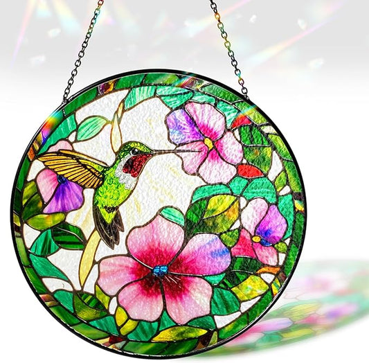 7.8" Hummingbird Stained Glass Suncatcher, Bird Suncatcher for Window Hanging, Art Decor for Home Garden Housewarming, Gift for Mom, Grandma, Women, Friend, Bird Lover BIRD-31B-SG8