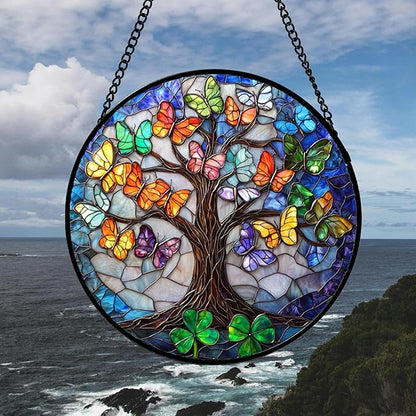 DASTOLL Stained Glass Window Hanging, Butterfly Tree Clover Sun Catchers Glass Panel Blue Suncatcher Decor for Birthday for Women, Men, Wife, Aunt, and Mom 14.9x14.9 in