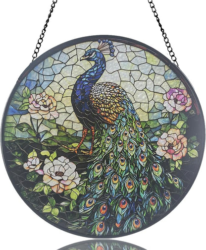 Stained Glass Sun Catcher,Peacock Glass Window Hanging Garden Decor,Sun Catchers Indoor Window,Whimsical Decoration for Home Backyard Patio Lawn Porch with 6.3 INCH