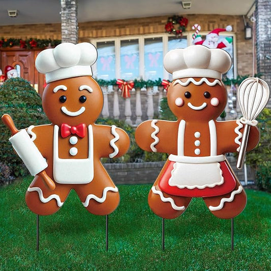 2 Pack Christmas Yard Stakes Metal Stakes 3D Boy and Girl Yard Sign Christmas Outdoor Decorations for Outside Holiday Xmas Winter Ornament Lawn Pathway(Ginger Cake Chef)
