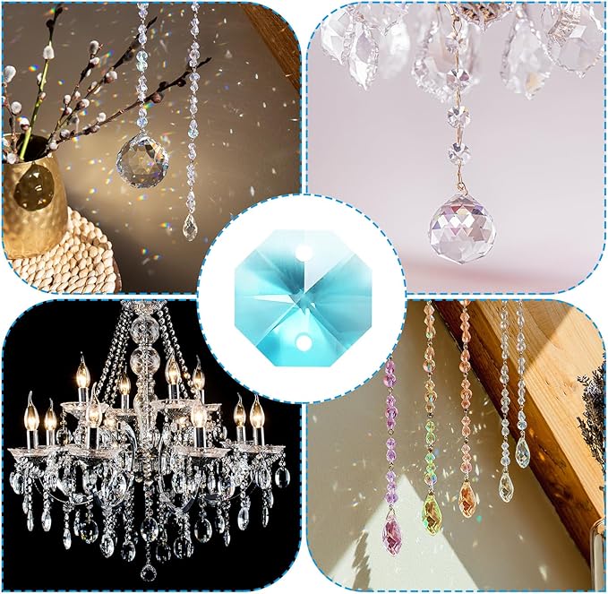 PATIKIL K9 Crystal Octagon Beads 2 Holes Pendants, 60 Pack 14mm Chandelier Prisms Parts Ornaments Hanging Beads for DIY Arts Crafts Decoration, Clear Blue