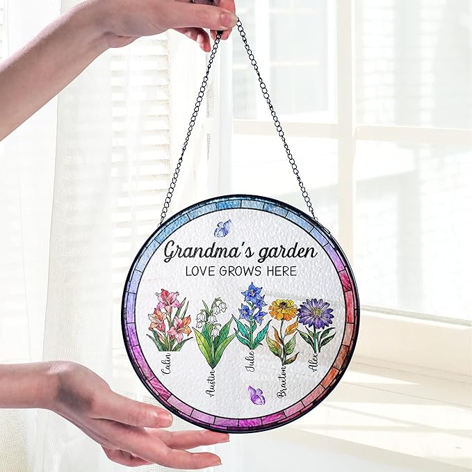 Personalized Grandma’s Garden Stained Glass Window Hanging Ornament, Custom Birth Month Flowers with Kids’ Names, Grandma Love Grows Here Floral Art Decoration, for Mom Grandma