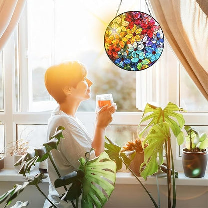 Bimkole Colorful Flower Stained Glass Suncatcher Window Hanging - Design for Indoor Window or Doorway Decoration - 7.87x7.87 inch with Chain and Hook - Unique Home Decor Gift