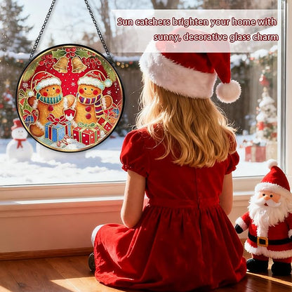 Christmas Decorations Stained Glass Window Hanging, Gingerbread Candy Cane Christmas Suncatcher for Window Hanging, Suncatchers Indoor Windows Wall Art for Mom Grandma, for Home Office 7.87 inches