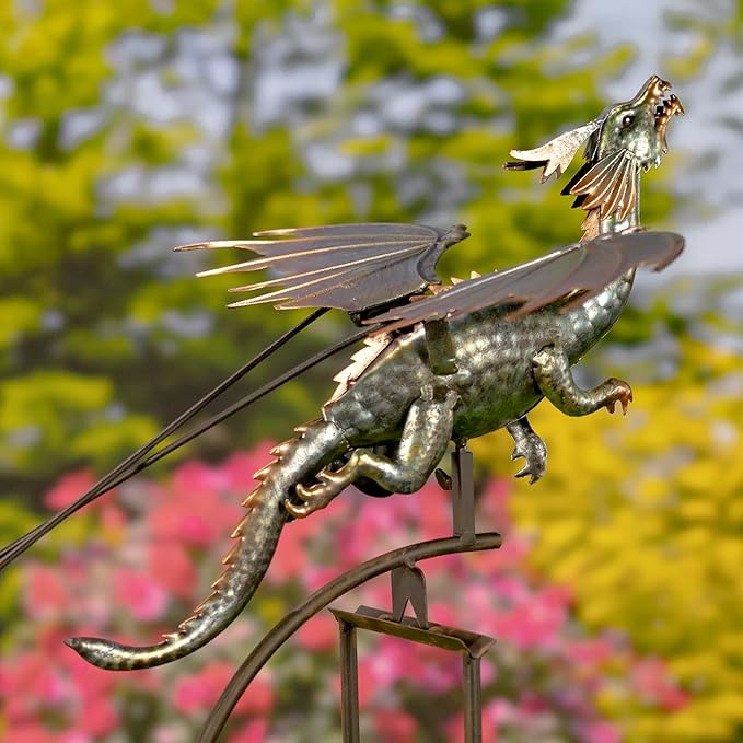 Zaer Ltd. Flying Dragon Garden Stake, 54.75" Tall Metal Rocking Decoration, Metallic Finish, Weighted Balance Design (Set of 4)