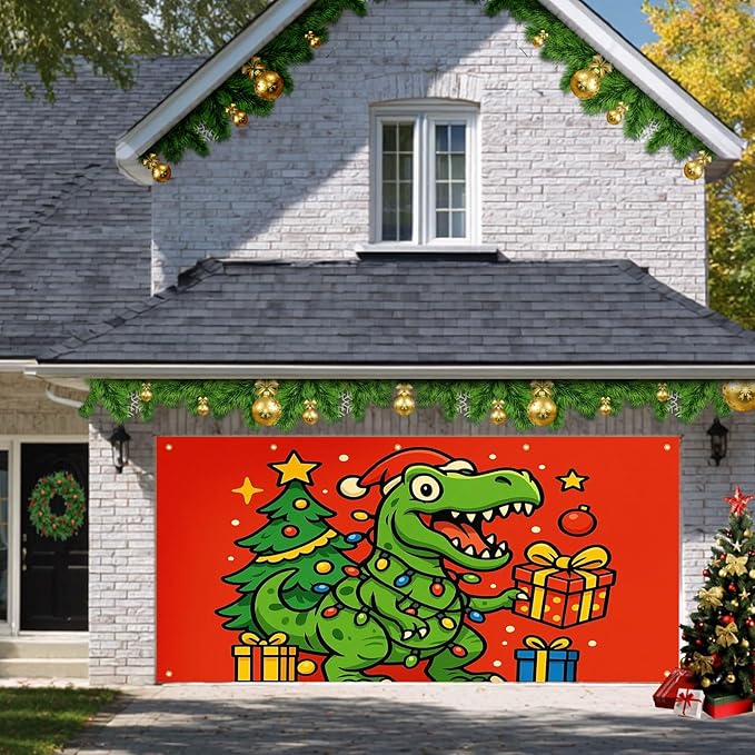 HOMETITUTE Christmas Garage Door Banner 13x6ft Dinosaur T-Rex Theme Backdrop Seasonal Christmas Decor Winter Door Cover Banners for Outside Garage Wall Covering for Party Garage Decorations