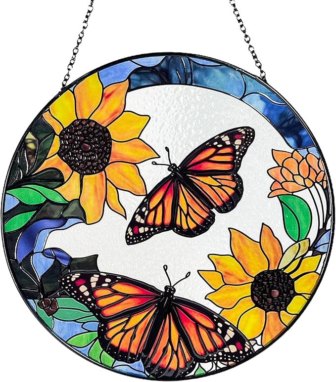 Large Monarch Butterflies and Sunflowers Stained Glass Suncatcher, Handmade Window Hanging Wall Art with Chain, Real Glass Indoor Home Decor, Unique Sun Catcher Gift for Women, Christmas, 9.8”