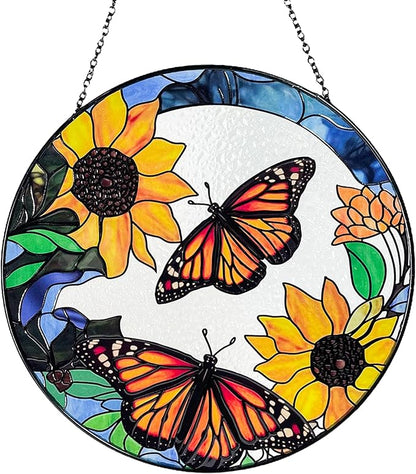 Large Monarch Butterflies and Sunflowers Stained Glass Suncatcher, Handmade Window Hanging Wall Art with Chain, Real Glass Indoor Home Decor, Unique Sun Catcher Gift for Women, Christmas, 9.8”