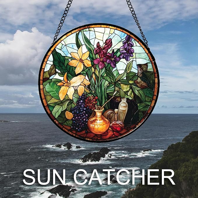 Stained Glass Window Hanging Berry Plant Purple Yellow Flowers in Vase Large 11.8" - Suncatcher Door Garden Sun Catcher Home Decor Birthday Christmas for Mom Men Woman Nana