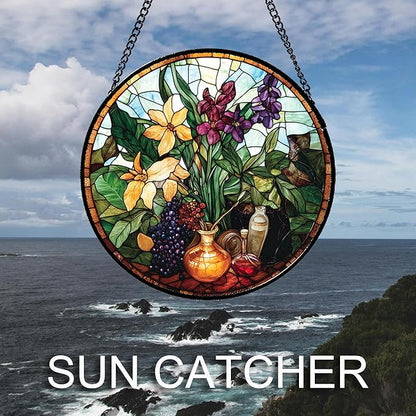 Stained Glass Window Hanging Berry Plant Purple Yellow Flowers in Vase Large 15" - Suncatcher Door Garden Sun Catcher Home Decor Birthday Christmas for Mom Men Woman Nana