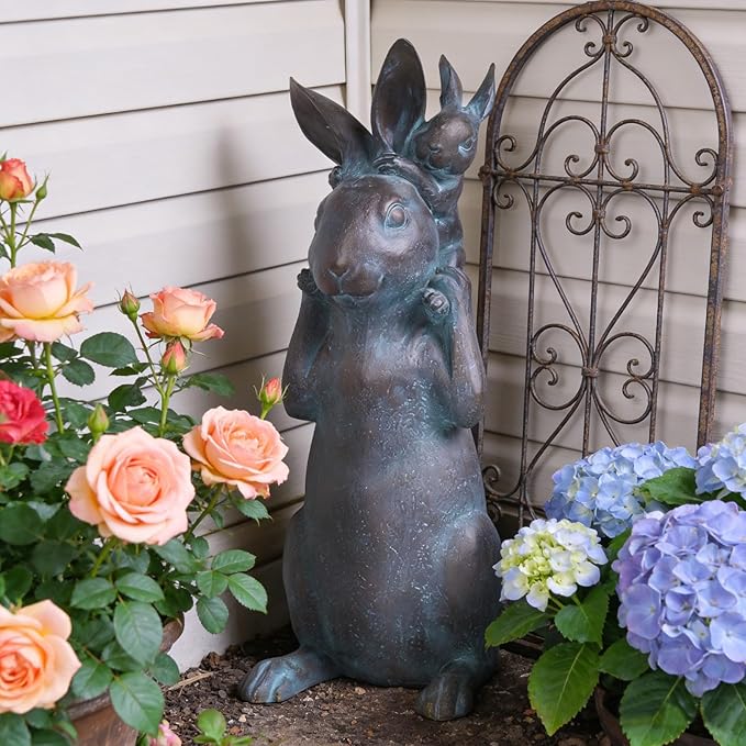 Rabbit Garden Statues Bunny Decorations - Easter Bunny Father with Baby Figurine Easter Gift Dark Gray Garden Spring Bunny Sulpture for Yard Framhouse Outdoor Décor 7*5.25*15.25 in Newman House Studio