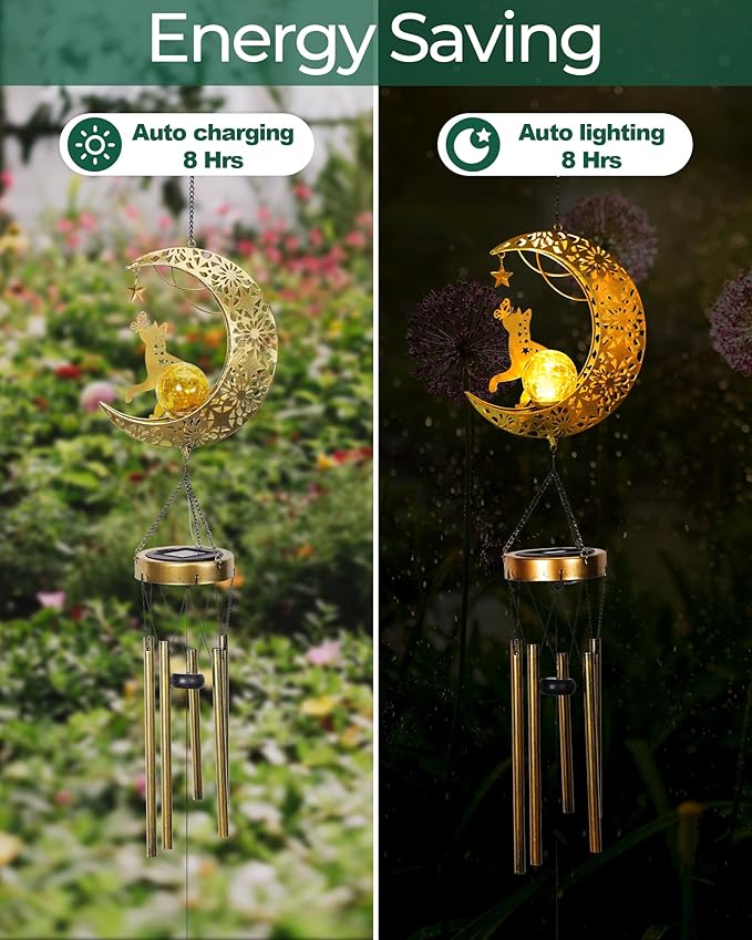 Vuees Solar Garden Outdoor Decor, Moon Cat Hanging Wind Chimes, Housewarming Ornament for Patio, Lawn, Yard, Pathway - Unique Gift Ideas for Gardening Mom Grandma Women