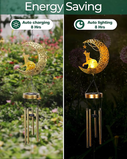 Vuees Solar Garden Outdoor Decor, Moon Cat Hanging Wind Chimes, Housewarming Ornament for Patio, Lawn, Yard, Pathway - Unique Gift Ideas for Gardening Mom Grandma Women