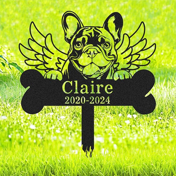 Custom French Bulldog Memorial Stake Personalized Metal Dog Memorial Grave Marker Lawn Garden Outdoor Décor Yard Sign for French Bulldog Dog Memorial Plaque Bone Garden Marker with Wings
