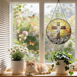 Stained Glass Cross Suncatcher Window Hanging, Christian Sun Catchers Indoor Window, Easter Suncatchers for Windows Hanging, Home Garden Decor Glass Panel, Religious Faith Christian Gift for Women Men