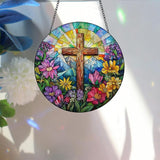 Bimkole Cross Stained Glass Suncatcher Window Hanging - Flowers Indoor Window or Doorway Decoration - Handmade Sun Catcher Decor for Garden Home Christmas & Birthday Gifts 7.87x7.87 Inch