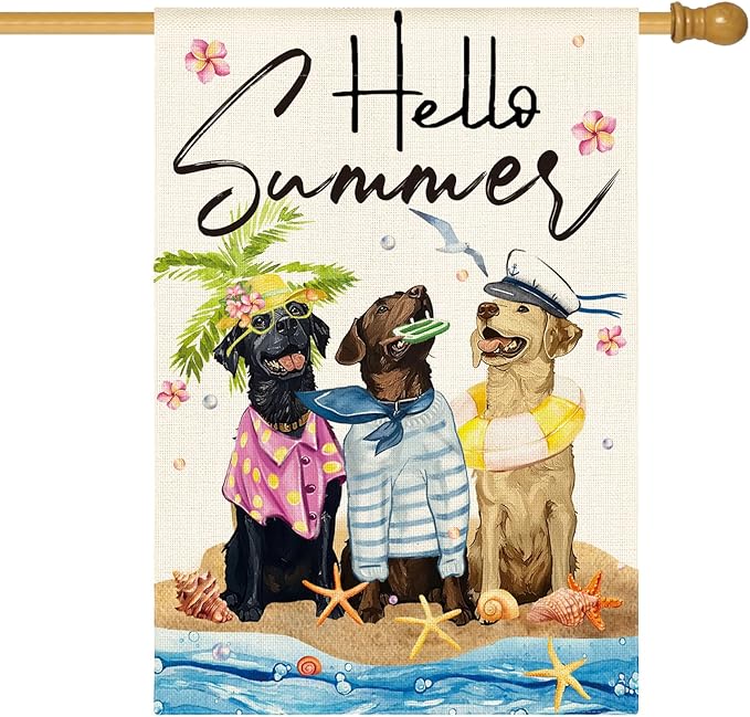 AVOIN colorlife Hello Summer Sea Beach Dogs House Flag 28x40 Inch Double Sided Outside, Floral Starfish Seasonal Holiday Yard Outdoor Decoration