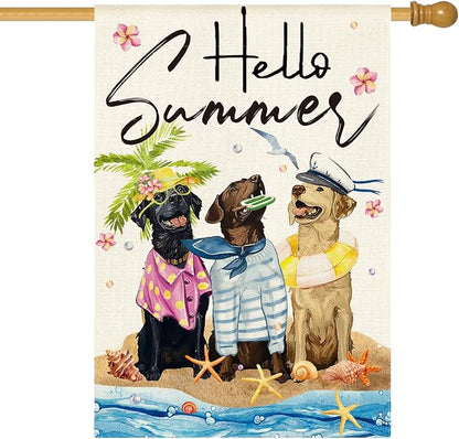 AVOIN colorlife Hello Summer Sea Beach Dogs House Flag 28x40 Inch Double Sided Outside, Floral Starfish Seasonal Holiday Yard Outdoor Decoration