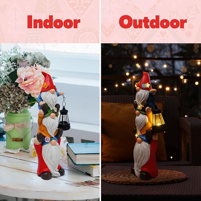 Gift Boutique Solar Garden Gnome Statue with Lantern Stacked Gnomes Outdoor Decor Lighted Yard Lawn Patio Decoration Whimsical Resin Figurine Home Accent